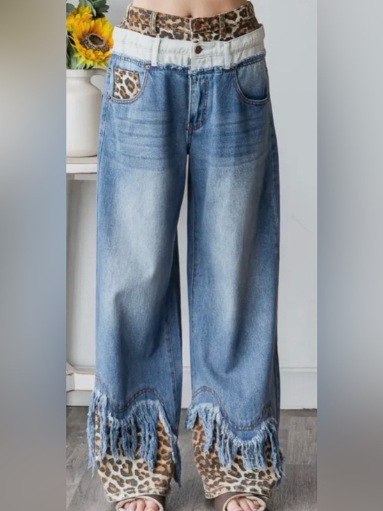 Oli & Hali Pants - Oli & Hali Blue Denim Wide-Leg Jeans with Leopard Trim